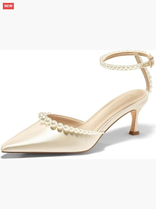 Ivory Satin Pointy Toe Low Heels with Perla Ankle Strap  Satin Kitten Heels with Pearl Details Ankle Strap Wedding Dress Shoes